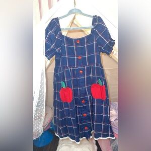 Navy Blue Plaid Kids Casual Dress with Red Accents